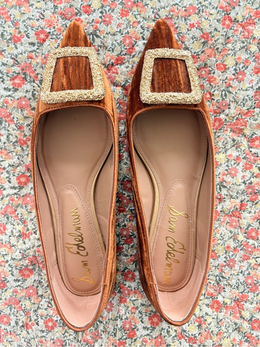Sam Edelman Copper Velvet Pointed Flats with Gold Crystal Buckle